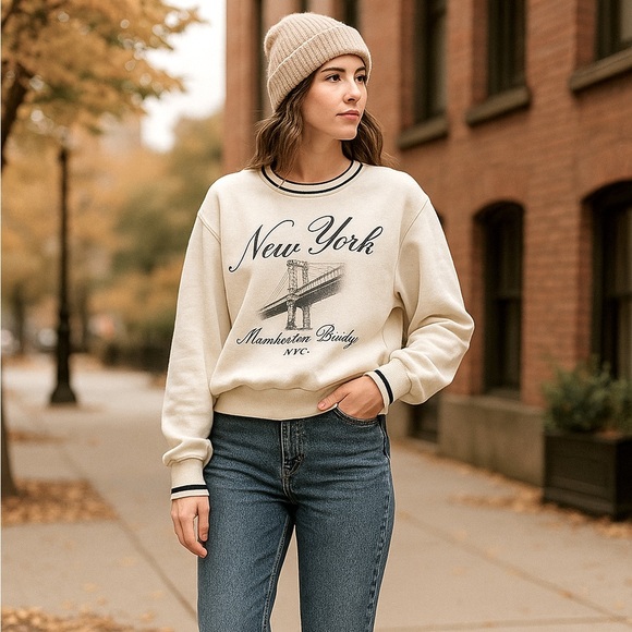 Hollister NYC Cream Sweatshirt Manhattan Bridge Graphic Pullover Size Large - Picture 1 of 12